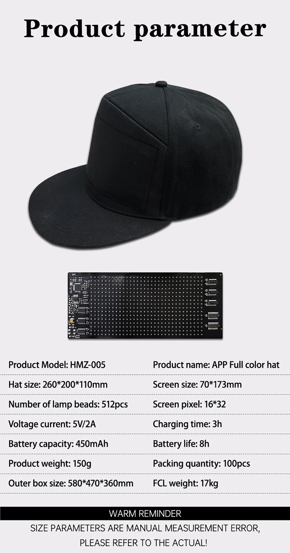 LED Hat Light Display Screen DIY Smart Pixel Matrix Baseball Hat Rechargeable Bluetooth APP Control Hip Hop Street Party Decor